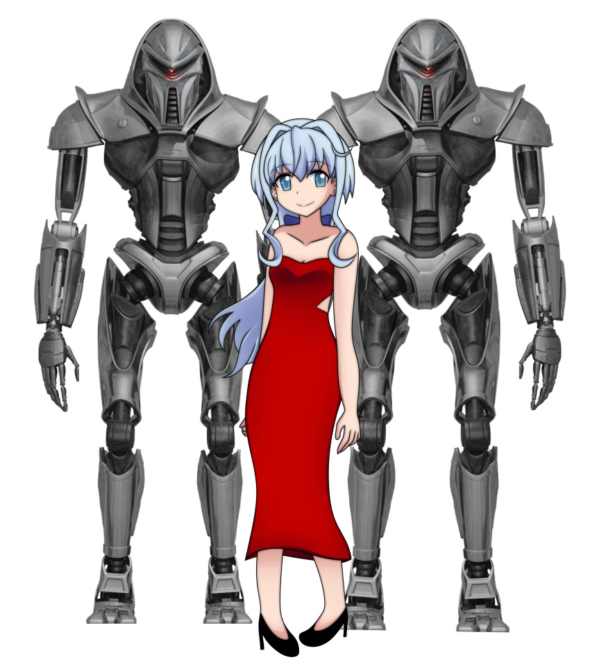 1girl absurdres bare_shoulders battlestar_galactica black_shoes blue_eyes blue_hair centurion_(battlestar_galactica) commission crossover cylon cylon_centurion dress gundam gundam_build_divers hair_intakes highres light_blue_hair long_hair looking_at_viewer plain_background red_dress red_visor robot robots sarah_(gundam_build_divers) science_fiction smile superalvichan