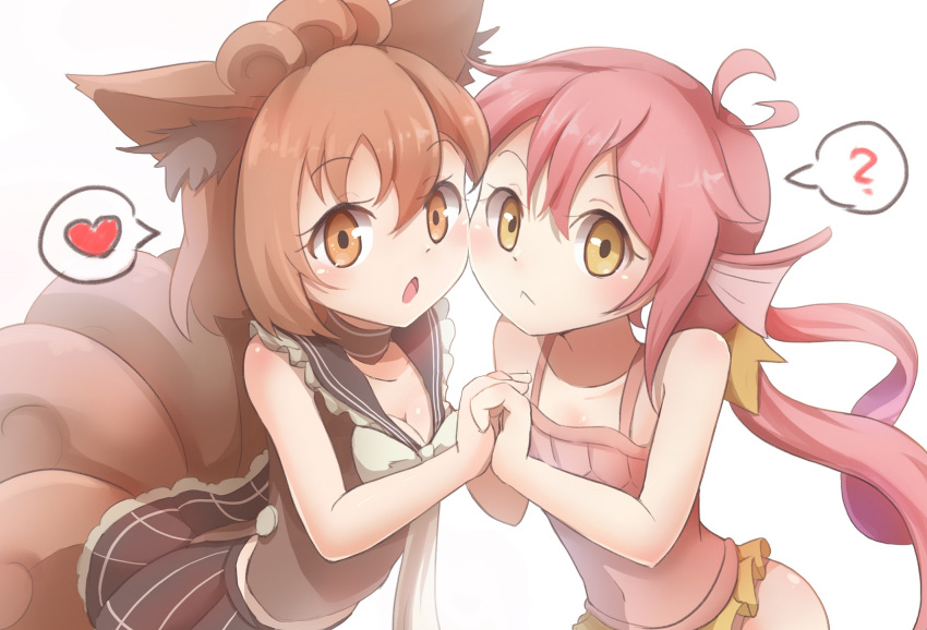 2girls ? animal_ears bai_qiao breasts brown_choker brown_eyes brown_hair brown_skirt choker cleavage creatures_(company) flat_chest game_freak gen_1_pokemon hand_holding heart highres long_hair looking_at_viewer magikarp medium_hair multiple_girls navel nintendo personification pink_hair pokemon simple_background skirt small_breasts spoken_heart spoken_question_mark tail twintails upper_body vulpix white_background