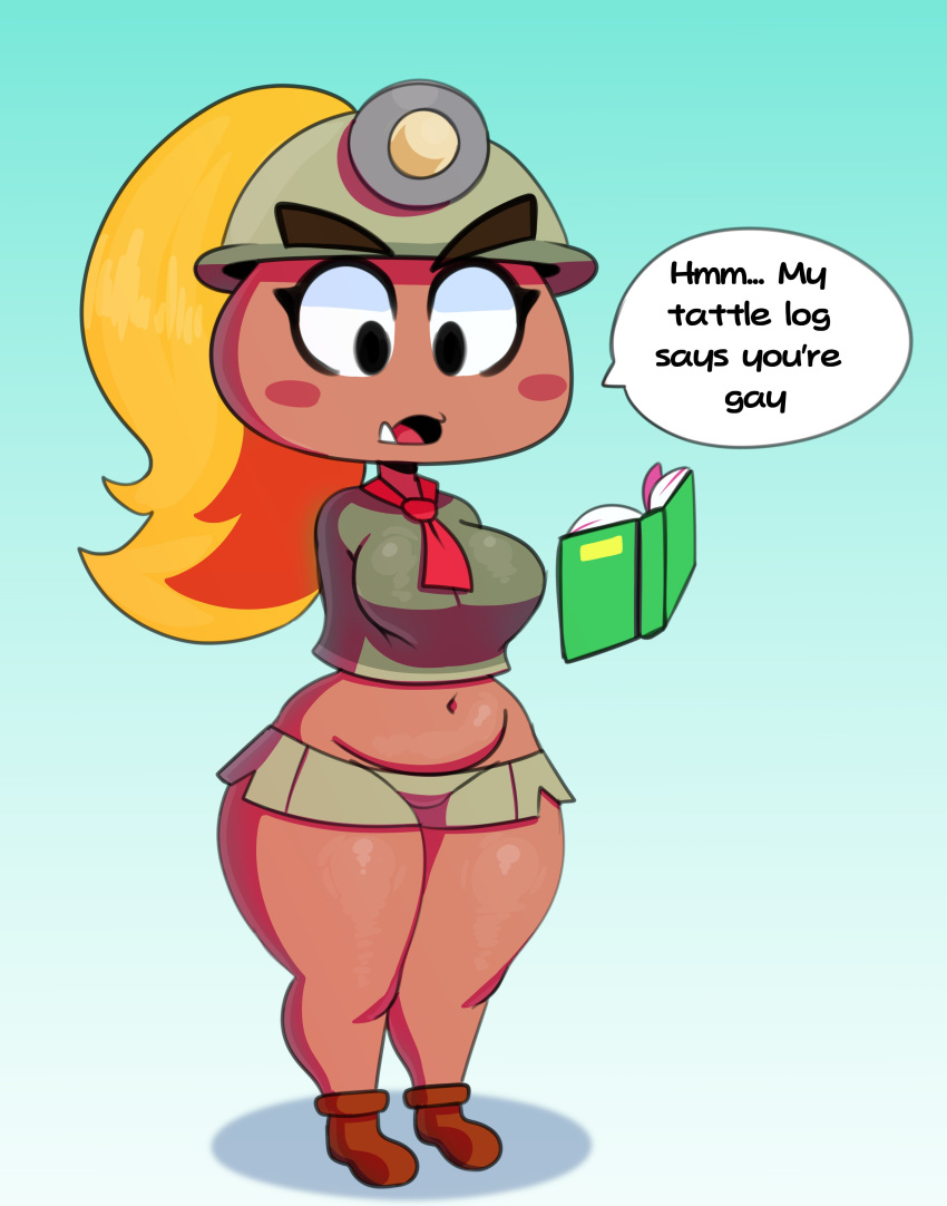 2019 absurd_res armless black_eyes blue_background blush_sticker book breasts brown_clothing clothed clothing dialogue english_text eyelashes footwear front_view fully_clothed goomba goombella gradient_background hat headwear hi_res humanoid light_skin makeup mario_bros mascara navel necktie nintendo no_underwear noseless paper_mario pink_skin reading red_skin shoes simple_background somescrub speech_bubble standing talking_to_viewer text thick_thighs tusks video_games wide_hips