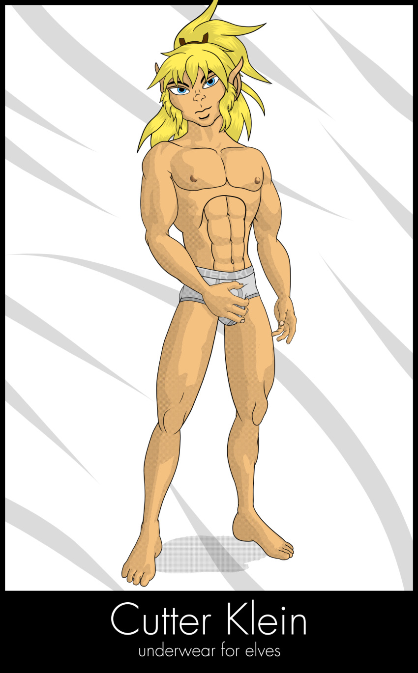 blonde_hair blue_eyes briefs calvin_klein clothed clothing cutter_(character) elf elfquest english_text hair hi_res humanoid nipples not_furry scirocco_(artist) simple_background text topless underwear