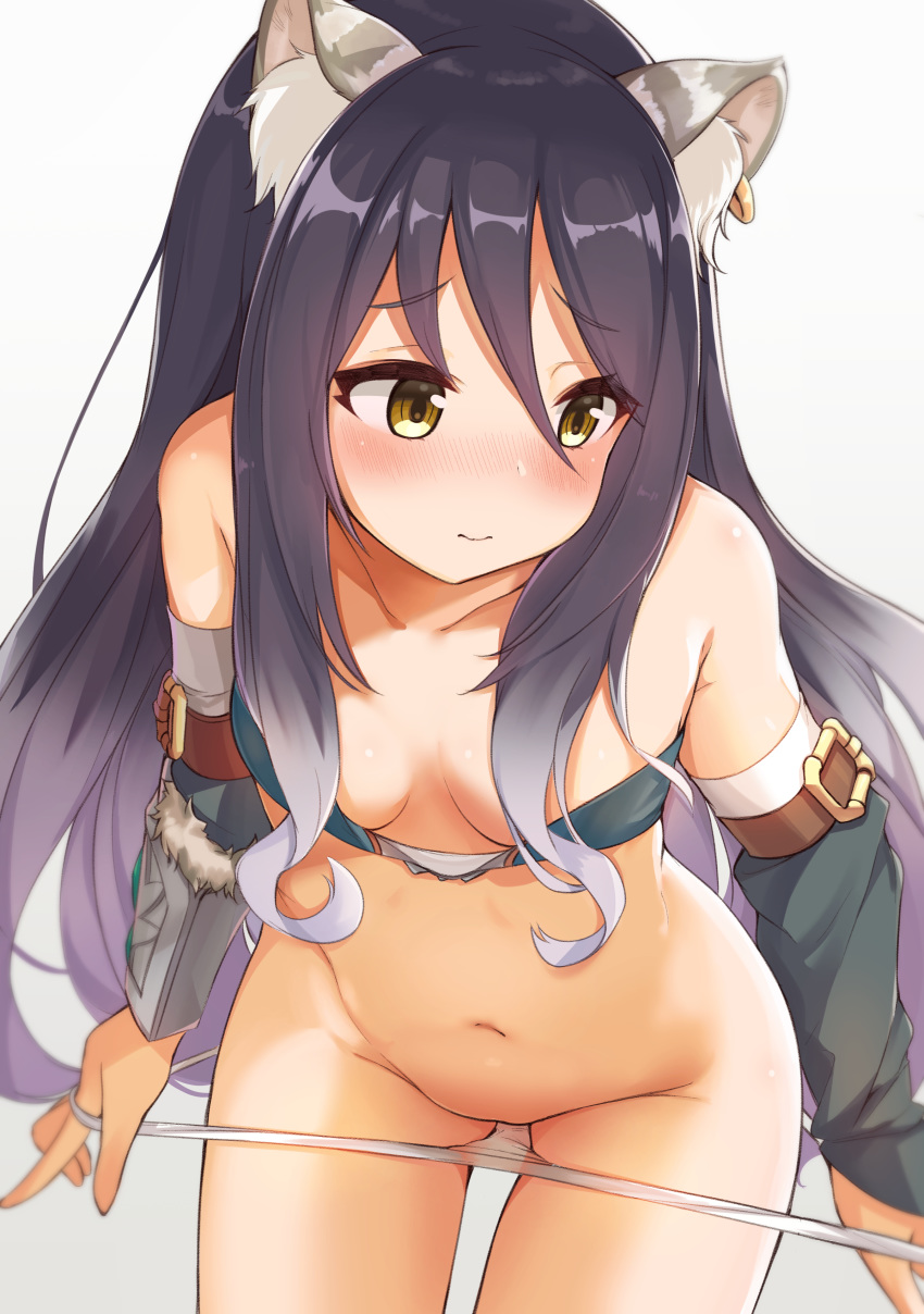 1girl absurdres animal_ear_fluff animal_ears bangs bare_shoulders blush breasts brown_eyes brown_hair closed_mouth collarbone commentary_request ear_piercing eyebrows_visible_through_hair grey_background groin hair_between_eyes highres kashiwazaki_shiori leaning_forward long_hair looking_away looking_to_the_side navel nose_blush ohshit panties panty_pull piercing princess_connect! princess_connect!_re:dive pulled_by_self simple_background small_breasts solo underwear very_long_hair white_panties