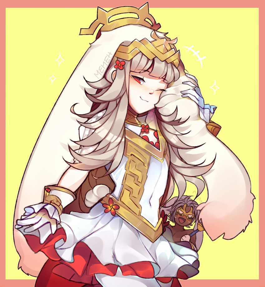 1boy 1girl absurdres animal_ears artist_name brother_and_sister bunny_ears bunny_tail cleavage_cutout closed_mouth dark_skin dark_skinned_male fake_animal_ears fake_tail fire_emblem fire_emblem_heroes flat_chest flower gloves grey_hair hair_flower hair_ornament highres lazymimium long_hair mask mysterious_man_(fire_emblem) nintendo one_eye_closed open_mouth red_eyes siblings simple_background smile tail veronica_(fire_emblem) white_gloves yellow_background