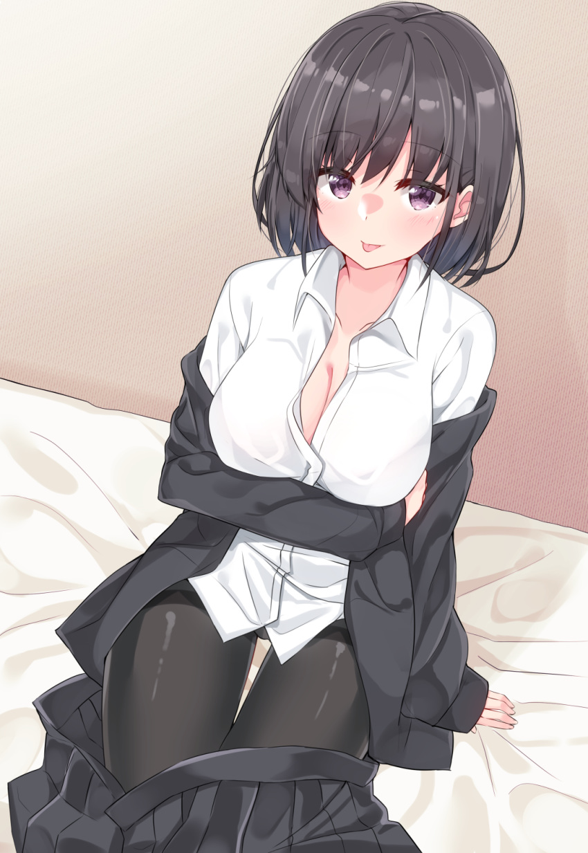 1girl :p arm_at_side arm_under_breasts bangs bed bed_sheet black_hair black_jacket black_legwear blush breast_hold breasts cleavage closed_mouth collarbone collared_shirt commentary_request doorknoble dress_shirt erect_nipples eyebrows_visible_through_hair fingernails hair_between_eyes highres indoors jacket large_breasts long_sleeves looking_at_viewer medium_breasts miniskirt off_shoulder on_bed open_clothes open_jacket original panties panties_under_pantyhose pantyhose purple_eyes shirt sidelocks sitting sitting_on_bed skirt smile solo thigh_gap thighband_pantyhose tongue tongue_out underwear white_panties white_shirt wing_collar