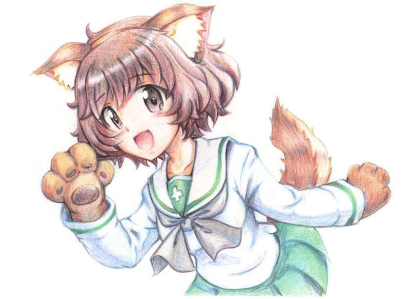 1girl :d akiyama_yukari animal_ears bangs black_neckwear blouse brown_eyes brown_hair colored_pencil_(medium) commentary_request dog_ears dog_tail eyebrows_visible_through_hair fake_animal_ears fake_tail girls_und_panzer green_skirt kazami_satoru leaning_forward long_sleeves looking_at_viewer messy_hair miniskirt neckerchief ooarai_school_uniform open_mouth paw_pose pleated_skirt school_uniform serafuku short_hair simple_background skirt smile solo standing tail traditional_media upper_body waving white_background white_blouse