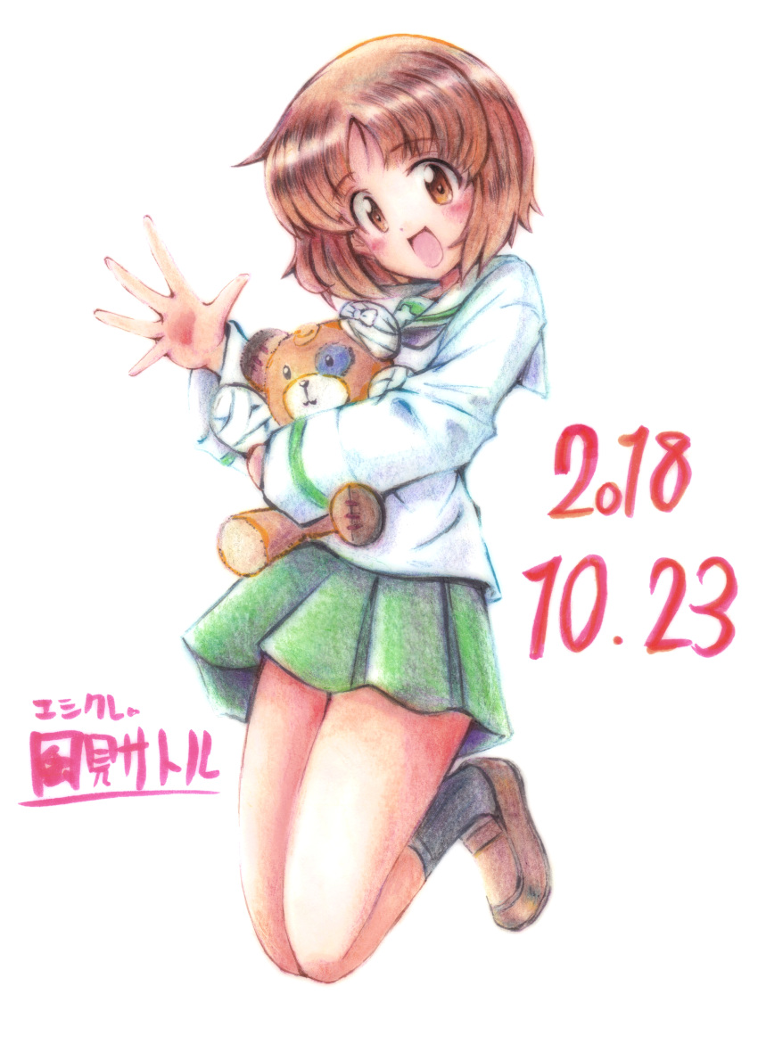 1girl absurdres artist_name bandage bangs black_legwear black_neckwear blouse boko_(girls_und_panzer) brown_eyes brown_footwear brown_hair circle_name colored_pencil_(medium) commentary_request dated eyebrows_visible_through_hair full_body girls_und_panzer green_skirt head_tilt highres holding holding_stuffed_animal jumping kazami_satoru light_blush loafers long_sleeves looking_at_viewer millipen_(medium) miniskirt neckerchief nishizumi_miho ooarai_school_uniform open_mouth pleated_skirt school_uniform serafuku shoes short_hair signature simple_background skirt smile socks solo stuffed_animal stuffed_toy teddy_bear traditional_media waving white_background white_blouse