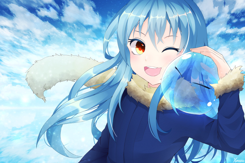 1girl 1other ;d absurdres androgynous artist_name blue_hair blue_sky blush brown_eyes cloud day fur_trim hand_up highres huge_filesize long_hair long_sleeves looking_at_viewer one_eye_closed open_mouth outdoors rimuru_tempest sky slime smile tensei_shitara_slime_datta_ken upper_body xereane