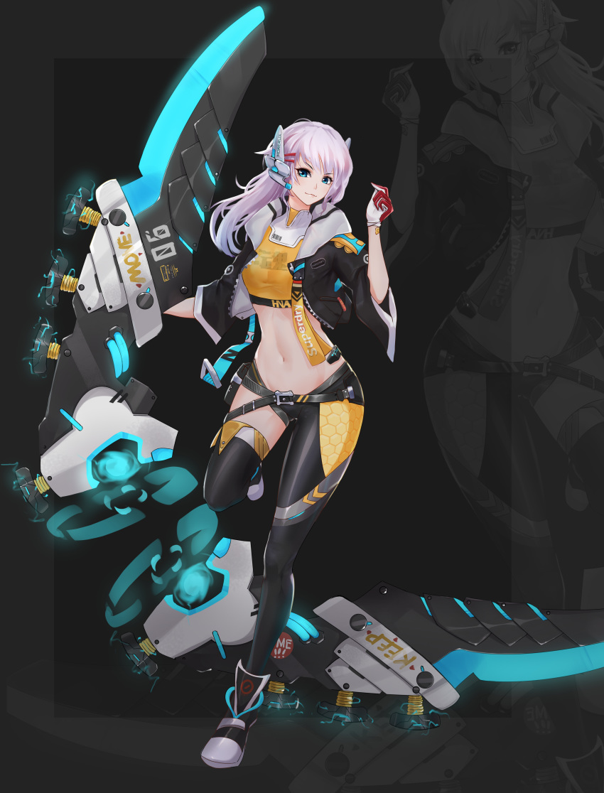 1girl absurdres black_jacket black_legwear blue_eyes cyberpunk full_body gloves grey_background hair_ornament hairclip headset highres jacket lee_domino mecha_musume midriff navel original single_thighhigh solo standing standing_on_one_leg thighhighs white_gloves white_hair zoom_layer