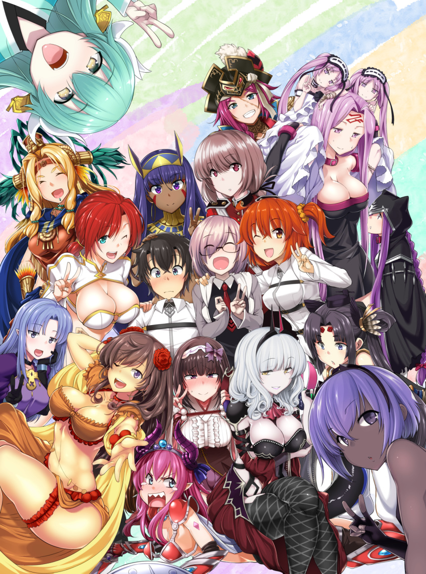1boy 6+girls ahoge animal_ears aqua_hair armor armored_boots aztec bare_shoulders bikini bikini_armor black_dress black_hair black_hairband black_legwear black_ribbon blonde_hair blue_eyes blue_hair blue_nails blue_ribbon blush boots boudica_(fate/grand_order) braid breasts broadsword brown_hair cape carmilla_(fate/grand_order) caster chaldea_uniform choker cleavage collar curled_horns curly_hair dark_skin dragon_horns dress earrings egyptian_clothes elbow_gloves elizabeth_bathory_(brave)_(fate) elizabeth_bathory_(fate)_(all) euryale facepaint facial_mark facial_scar fate/extra fate/extra_ccc fate/grand_order fate/hollow_ataraxia fate/prototype fate/prototype:_fragments_of_blue_and_silver fate/stay_night fate_(series) fingerless_gloves fingernails florence_nightingale_(fate/grand_order) flower forehead_mark francis_drake_(fate) frilled_hairband frills fue_(rhomphair) fujimaru_ritsuka_(female) fujimaru_ritsuka_(male) glasses gloves green_eyes hair_flower hair_ornament hair_over_one_eye hair_ribbon hair_scrunchie hairband halloween hassan_of_serenity_(fate) hat headband headdress highres hood hoop_earrings horns jackal_ears jacket japanese_clothes jewelry juliet_sleeves kimono kiyohime_(fate/grand_order) knee_boots large_breasts lolita_hairband long_fingernails long_hair long_sleeves looking_at_viewer mash_kyrielight mata_hari_(fate/grand_order) medusa_(lancer)_(fate) military military_uniform multiple_girls nail_polish navel necktie nitocris_(fate/grand_order) o-ring o-ring_bikini o-ring_top one_side_up open_mouth orange_eyes orange_hair orange_scrunchie osakabe-hime_(fate/grand_order) oversized_clothes pauldrons pink_hair pirate_hat pointy_ears ponytail puffy_sleeves purple_eyes purple_hair quetzalcoatl_(fate/grand_order) red_bikini red_footwear red_hair revealing_clothes ribbon rider robe scar scrunchie sharp_fingernails shield short_hair short_ponytail shrug_(clothing) siblings side_braid side_ponytail sidelocks silver_hair silver_trim single_braid sisters sleeveless small_breasts smile soldier_(dq3) stheno strapless strapless_dress swimsuit sword tail thighhighs tiara twins twintails two_side_up uniform ushiwakamaru_(fate/grand_order) vambraces very_long_hair weapon white_cape white_dress yellow_eyes yellow_scrunchie