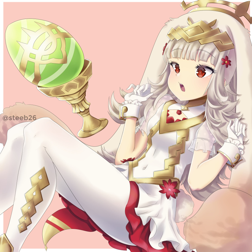 1girl absurdres animal_ears bunny_ears bunny_tail easter_egg egg fake_animal_ears fake_tail fire_emblem fire_emblem_heroes flower gloves grail grey_hair hair_flower hair_ornament highres long_hair nintendo open_mouth pantyhose red_eyes solo steeb26 tail twitter_username veronica_(fire_emblem) white_gloves white_legwear