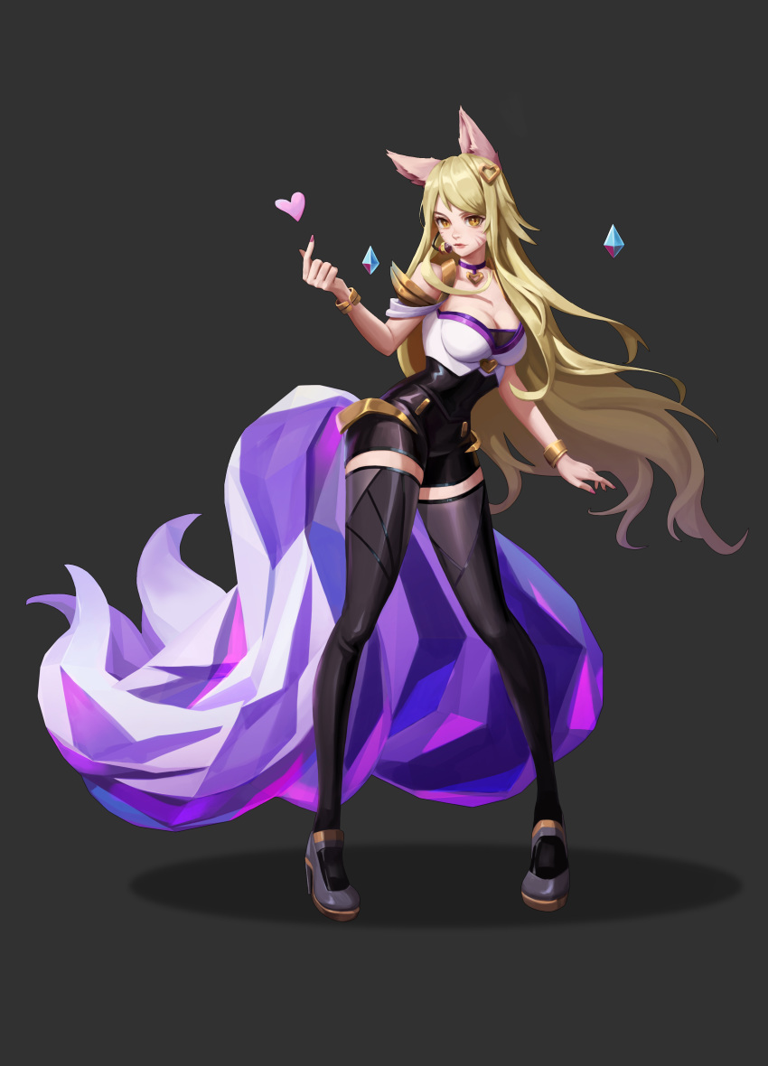 1191326807 1girl absurdres ahri animal_ears blonde_hair bracelet breasts choker cleavage facial_mark fox_ears fox_girl fox_tail heart highres idol jewelry k/da_(league_of_legends) k/da_ahri league_of_legends long_hair makeup multiple_tails solo tail thighhighs whisker_markings yellow_eyes