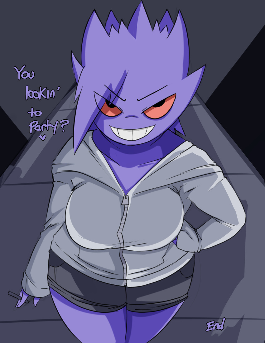 2019 absurd_res anthro anthrofied breasts cigarette clothed clothing comic dialogue digital_media_(artwork) english_text female gengar grin hair hand_on_hip hi_res hoodie inuyuru looking_at_viewer nintendo pok&eacute;mon pok&eacute;mon_(species) pose prostitution purple_hair purple_skin red_sclera short_stack shorts smile solo standing text thick_thighs video_games