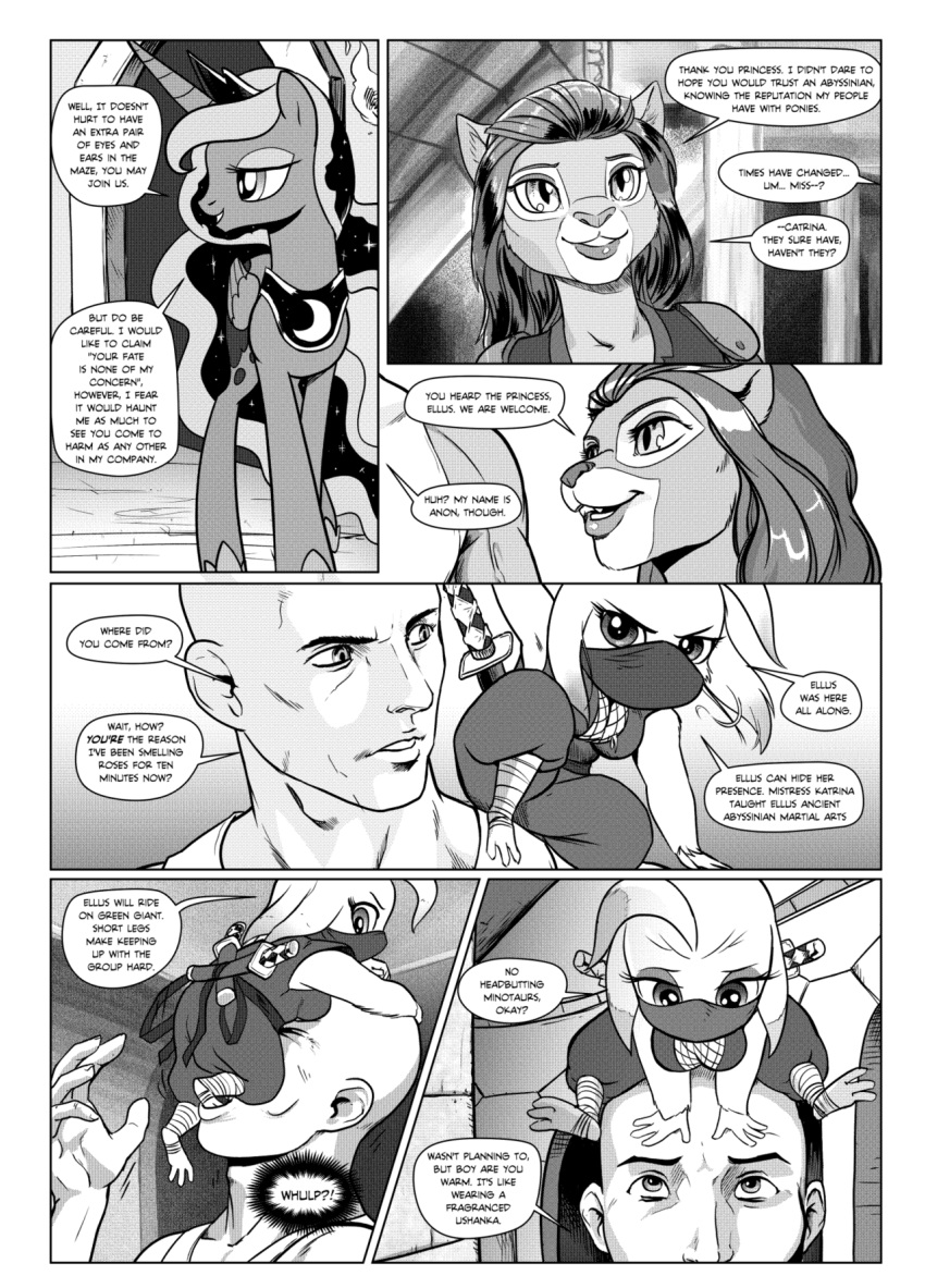 2019 3_toes anon anthro bald big_breasts breasts bushwoolies catrina_(mlp) cleavage clothed clothing comic crown cutie_mark dialogue equid equine felid female friendship_is_magic group hair hi_res hooves horn horse human male mammal mask melee_weapon muscular muscular_male my_little_pony ninja pencils_(artist) pony princess_luna_(mlp) sword toes unicorn weapon winged_unicorn wings wraps