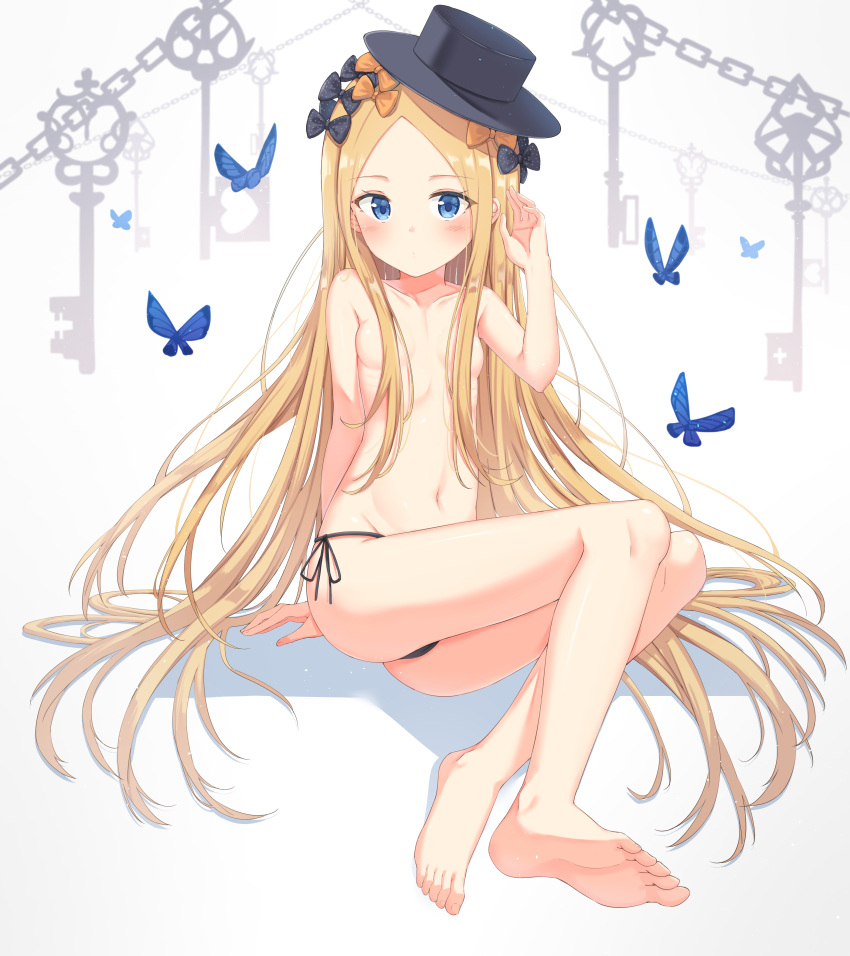1girl abigail_williams_(fate/grand_order) absurdres animal ass bangs bare_legs barefoot black_bow black_hat black_panties blonde_hair blue_eyes blush bow breasts bug butterfly chains closed_mouth collarbone commentary_request fate/grand_order fate_(series) forehead hair_bow hair_censor hair_over_breasts hand_up hat highres insect key long_hair looking_at_viewer navel orange_bow panties parted_bangs polka_dot polka_dot_bow side-tie_panties small_breasts soles solo underwear underwear_only very_long_hair xue_lu