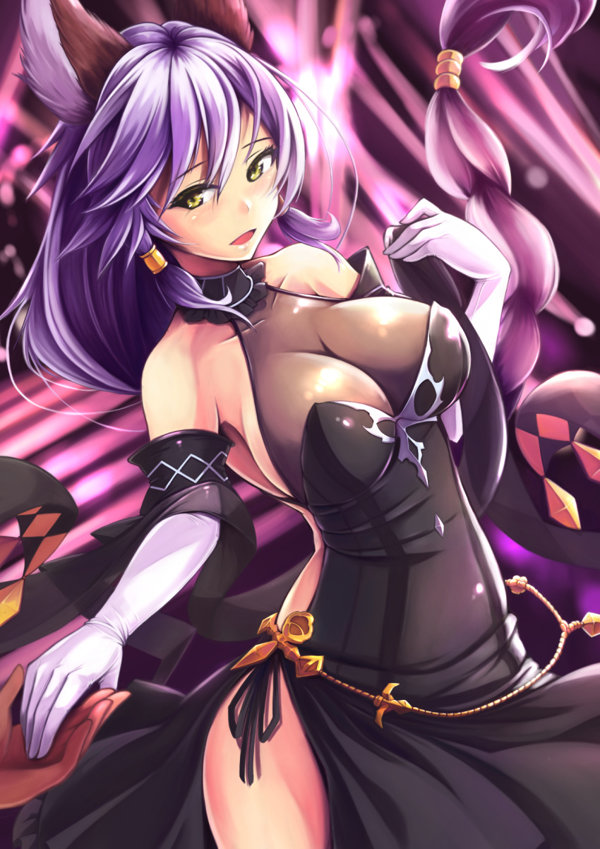 1girl animal_ears backless_dress backless_outfit bangs bare_shoulders black_dress blush braid breasts cat_ears chains cleavage collarbone cyoppu dress elbow_gloves erune gloves granblue_fantasy hair_between_eyes hair_tubes hand_holding heles highres large_breasts long_hair looking_at_viewer open_mouth sidelocks silver_hair single_braid smile solo_focus very_long_hair white_gloves yellow_eyes