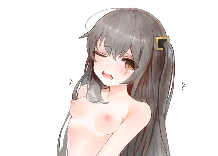 /\/\/\ 1girl bangs blush breasts brown_eyes brown_hair collarbone commentary_request dokomon eyebrows_visible_through_hair girls_frontline hair_between_eyes hair_ornament highres korean_commentary long_hair nipples one_eye_closed one_side_up open_mouth round_teeth saliva scar scar_across_eye simple_background small_breasts solo tears teeth ump45_(girls_frontline) upper_body upper_teeth very_long_hair white_background