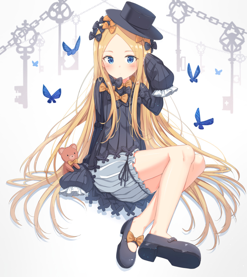 1girl abigail_williams_(fate/grand_order) absurdres animal bangs black_bow black_dress black_footwear black_hat blonde_hair bloomers blue_eyes blush bow bug butterfly chains closed_mouth commentary_request dress fate/grand_order fate_(series) forehead hair_bow hand_up hat highres insect key long_hair long_sleeves looking_at_viewer mary_janes orange_bow parted_bangs polka_dot polka_dot_bow shoes sitting sleeves_past_fingers sleeves_past_wrists solo stuffed_animal stuffed_toy teddy_bear underwear very_long_hair white_bloomers xue_lu