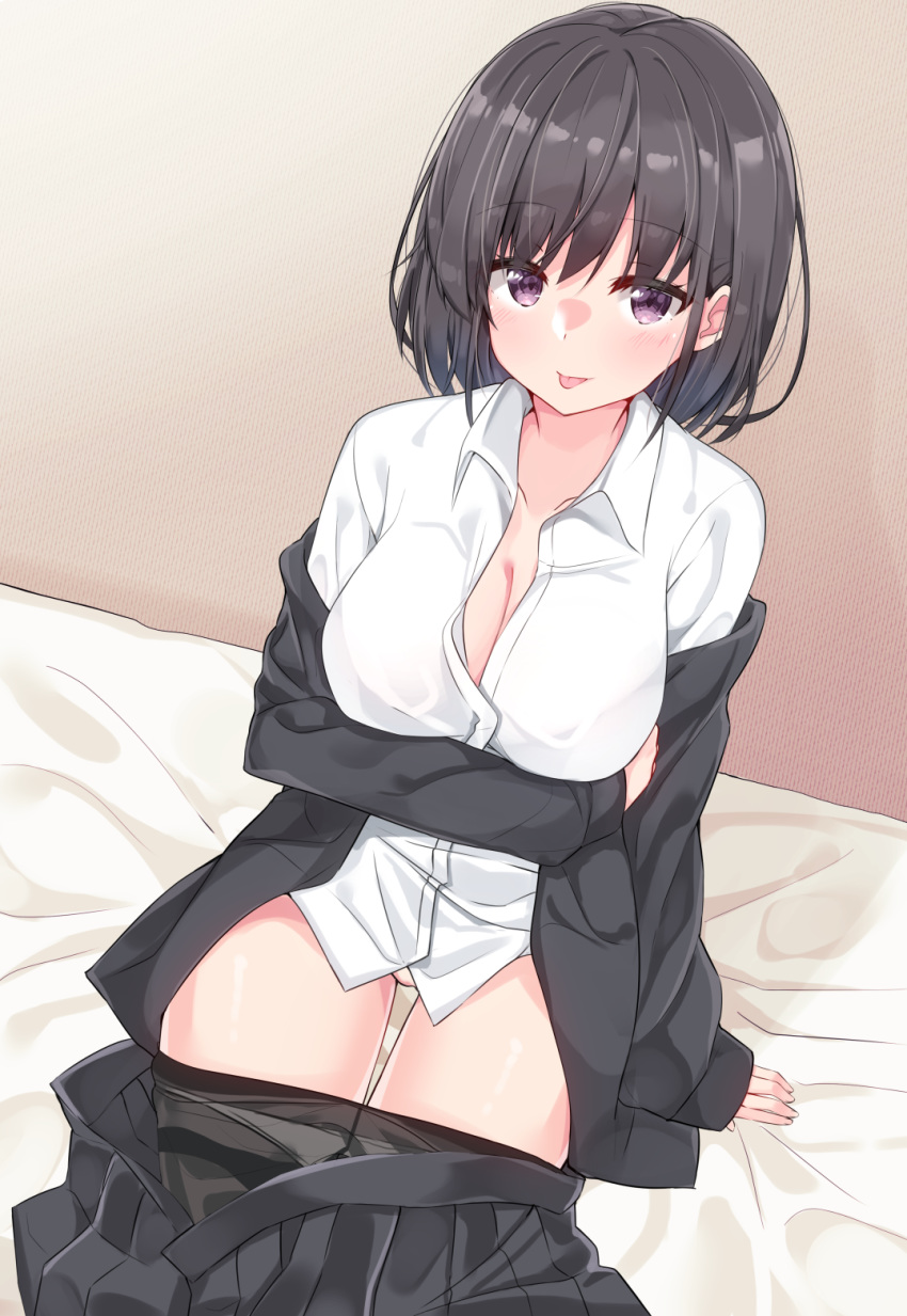 1girl :p arm_at_side arm_under_breasts bangs bed bed_sheet black_hair black_jacket black_legwear blush breast_hold breasts cleavage closed_mouth collarbone collared_shirt commentary_request doorknoble dress_shirt erect_nipples eyebrows_visible_through_hair fingernails hair_between_eyes highres indoors jacket large_breasts long_sleeves looking_at_viewer medium_breasts miniskirt off_shoulder on_bed open_clothes open_jacket original panties panties_under_pantyhose panty_pull pantyhose pantyhose_pull purple_eyes pussy_peek shirt sidelocks sitting sitting_on_bed skirt smile solo thigh_gap thighband_pantyhose tongue tongue_out underwear white_panties white_shirt wing_collar