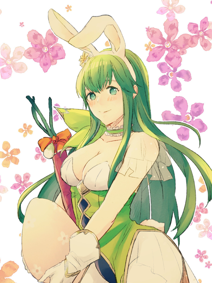 1girl absurdres animal_ears bow breasts bunny_ears carrot choker cleavage closed_mouth easter_egg egg fake_animal_ears fire_emblem fire_emblem:_monshou_no_nazo fire_emblem_heroes flower frilled_choker frills gloves green_eyes green_hair hair_flower hair_ornament highres holding long_hair medium_breasts nintendo nishimura_(nianiamu) orange_bow pantyhose paola smile solo upper_body white_gloves white_legwear