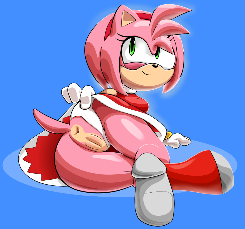 absurd_res amy_rose anus boots bracelet breasts butt clothed clothing clothing_lift dress dress_lift eulipotyphlan female footwear gloves green_eyes hairband hedgehog hi_res jewelry lying mammal on_side panties panties_aside parumpi presenting presenting_hindquarters pussy raised_tail smile sonic_(series) underwear underwear_aside upskirt