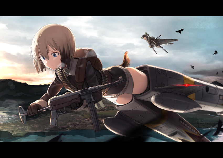 2girls animal_ears assault_rifle backpack bag bandolier bird blonde_hair blue_eyes brown_hair dog_ears dog_tail erica_hartmann flying gertrud_barkhorn gloves gradient_hair gun highres jacket kirii landscape machine_gun multicolored_hair multiple_girls rifle strike_witches striker_unit tail weapon world_witches_series