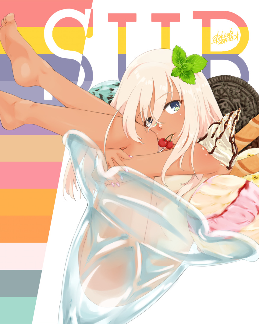 1girl alakoala_shoushou bangs blonde_hair blue_eyes blush breasts cherry chocolate_syrup closed_mouth commentary_request cookie dessert eyebrows_visible_through_hair flower food fruit glass hair_between_eyes hair_ornament highres holding ice_cream kantai_collection leaf legs_up long_hair looking_at_viewer nail_polish nude one-piece_tan oversized_object ro-500_(kantai_collection) small_breasts smile solo sundae tan tanline wafer wafer_stick