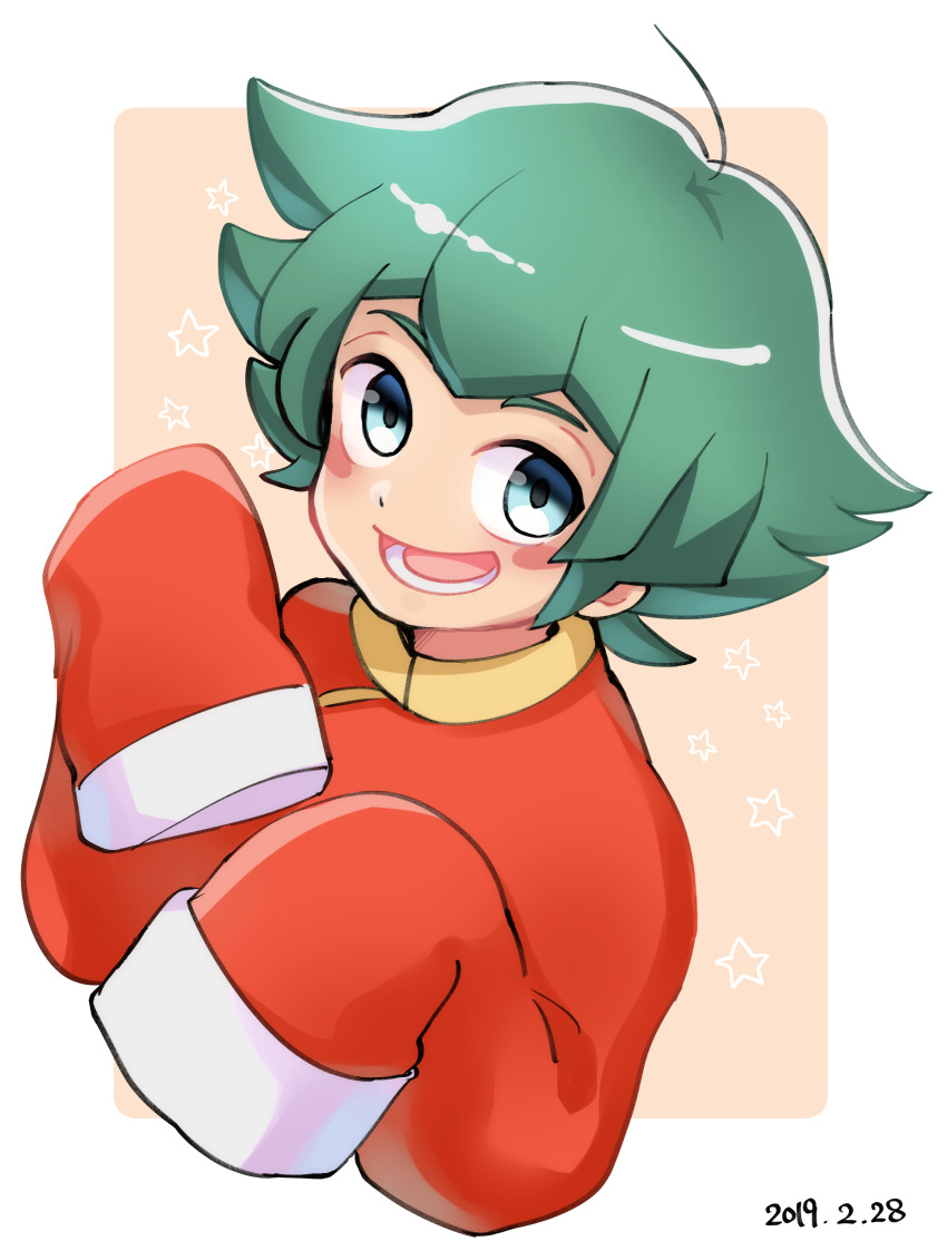 1boy absurdres blue_eyes blush_stickers chinese_clothes dated green_hair highres inazuma_eleven_(series) inazuma_eleven_ares_no_tenbin li_hao long_sleeves looking_at_viewer male_focus nono_ai02 open_mouth sleeves_past_wrists smile