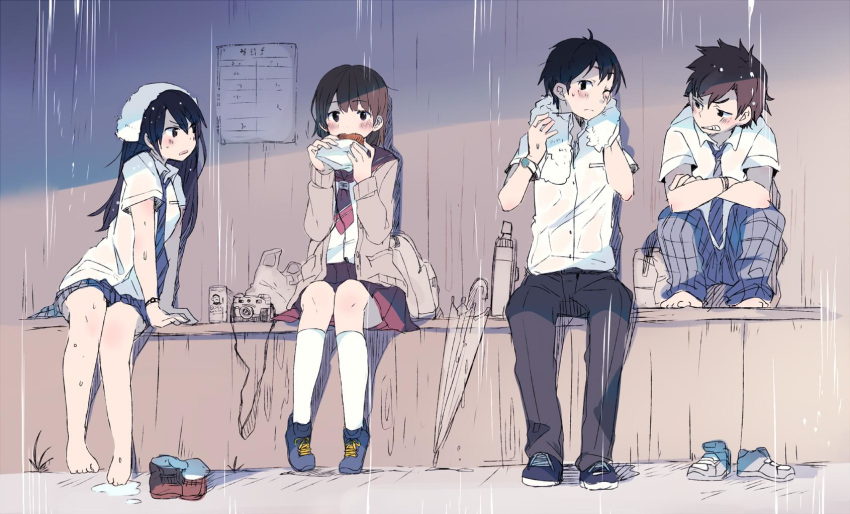 2boys 2girls bag bangs barefoot black_hair black_pants blue_footwear blue_neckwear blue_pants blue_skirt blush brown_hair camera cardigan clenched_teeth collared_shirt crossed_arms drying earbuds earphones eating food frown highres holding holding_food knees_up long_hair long_sleeves looking_at_another miniskirt multiple_boys multiple_girls neckerchief necktie original pants plaid plaid_pants pleated_skirt rain red_neckwear school_bag school_uniform serafuku shirt shoes_removed shopping_bag short_sleeves single_earphone_removed sitting skirt socks_removed taneda_yuuta teeth thermos towel towel_around_neck towel_on_head umbrella watch wet wet_clothes wet_shirt wristwatch