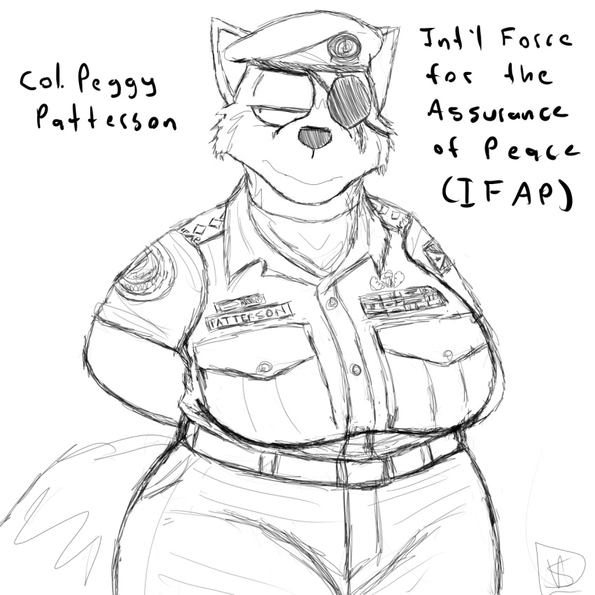 2019 army beret big_breasts black_and_white breasts canid canine clothed clothed_breasts clothing english_text eye_patch eyewear female fox hat mammal mature_female military monochrome peggy_patterson savagelyrandom scar soldier solo text uniform wide_hips