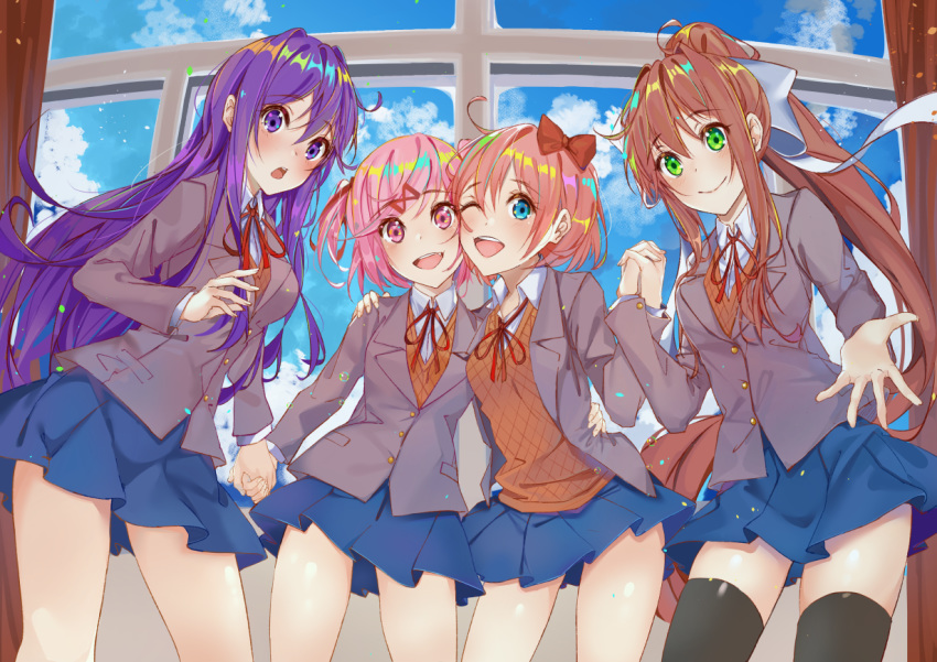 4girls :d :o ;d black_legwear blue_eyes blue_skirt blue_sky bow brown_hair cloud commentary day doki_doki_literature_club english_commentary eyebrows_visible_through_hair green_eyes grey_jacket hair_bow hair_ribbon hand_holding indoors interlocked_fingers jacket long_hair looking_at_viewer monika_(doki_doki_literature_club) multiple_girls natsuki_(doki_doki_literature_club) one_eye_closed open_clothes open_jacket open_mouth pink_eyes pink_hair pleated_skirt ponytail purple_eyes purple_hair red_bow ribbon sayori_(doki_doki_literature_club) school_uniform short_hair skirt sky smile thighhighs two_side_up very_long_hair white_ribbon window xhunzei yuri_(doki_doki_literature_club)