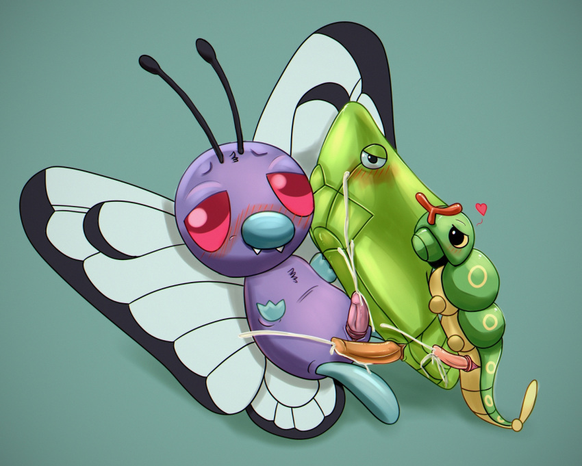 arthropod blush butterfree caterpie cum cumshot ejaculation group insect johawk male male/male metapod nintendo orgasm penis pok&eacute;mon pok&eacute;mon_(species) simple_background tapering_penis video_games