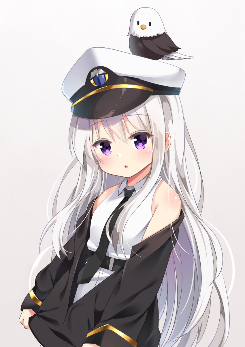 1girl :o absurdres agung_syaeful_anwar azur_lane bald_eagle bangs bare_shoulders bird black_jacket black_neckwear blush collared_shirt commentary eagle enterprise_(azur_lane) eyebrows_visible_through_hair gradient gradient_background grey_background grey_hair hair_between_eyes hat head_tilt highres jacket long_hair long_sleeves looking_at_viewer necktie off_shoulder parted_lips peaked_cap purple_eyes shirt sleeveless sleeveless_shirt sleeves_past_wrists solo upper_body very_long_hair white_headwear white_shirt younger
