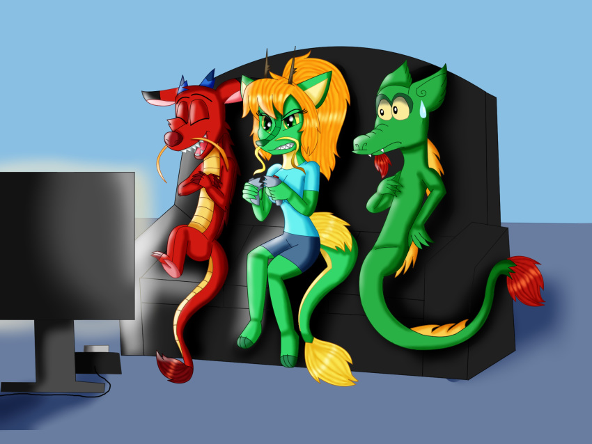 2019 angry anthro blonde_hair clothed clothing console controller crossover digital_media_(artwork) disney dojo_kanojo_cho dragon eastern_dragon eyes_closed facial_hair fan_character female game_controller gaming group hair holding_object kaida_ryuko kendratheshinyeevee laugh male mulan_(copyright) mushu open_mouth parody playing_videogame scalie simple_background sitting sofa teeth television whiskers xiaolin_showdown