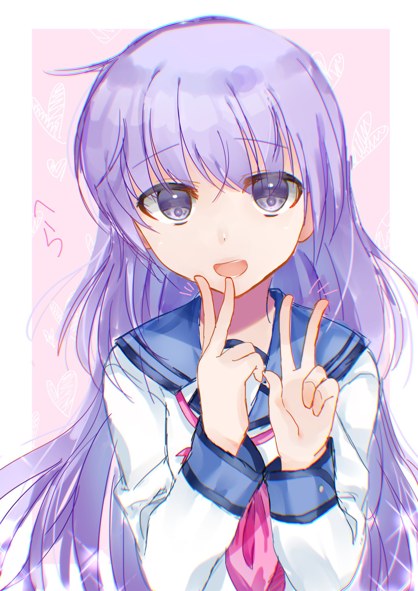 1girl absurdres angel_beats! bangs eyebrows_visible_through_hair highres irie_(angel_beats!) key_(company) long_hair long_sleeves looking_at_viewer open_eyes open_mouth purple_eyes purple_hair shirt simple_background solo v very_long_hair white_shirt zuzuhashi