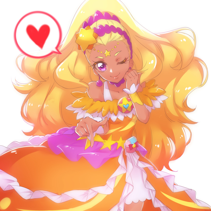 1girl ;) amamiya_erena blonde_hair choker closed_mouth collarbone commentary_request cure_soleil dark_skin earrings eyebrows heart highres jewelry long_hair looking_at_viewer magical_girl nijigami_rin one_eye_closed precure purple_choker purple_earrings purple_eyes simple_background smile solo spoken_heart star star_twinkle_precure white_background wrist_cuffs