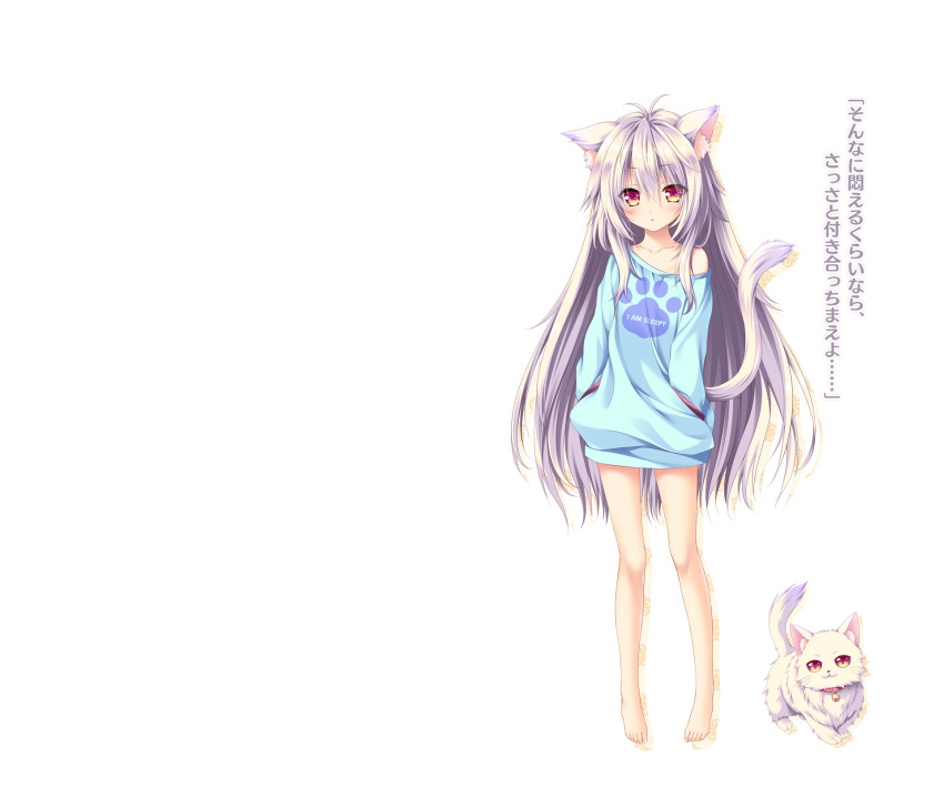 1girl ai_(wakaba_iro_no_quartet) animal animal_ear_fluff animal_ears artist_request barefoot blue_sweater cat cat_ears cat_girl cat_tail expressionless hands_in_pockets highres long_hair long_sleeves naked_sweater off_shoulder official_art orange_eyes parted_lips silver_hair sweater tail translation_request transparent_background very_long_hair wakaba_iro_no_quartet