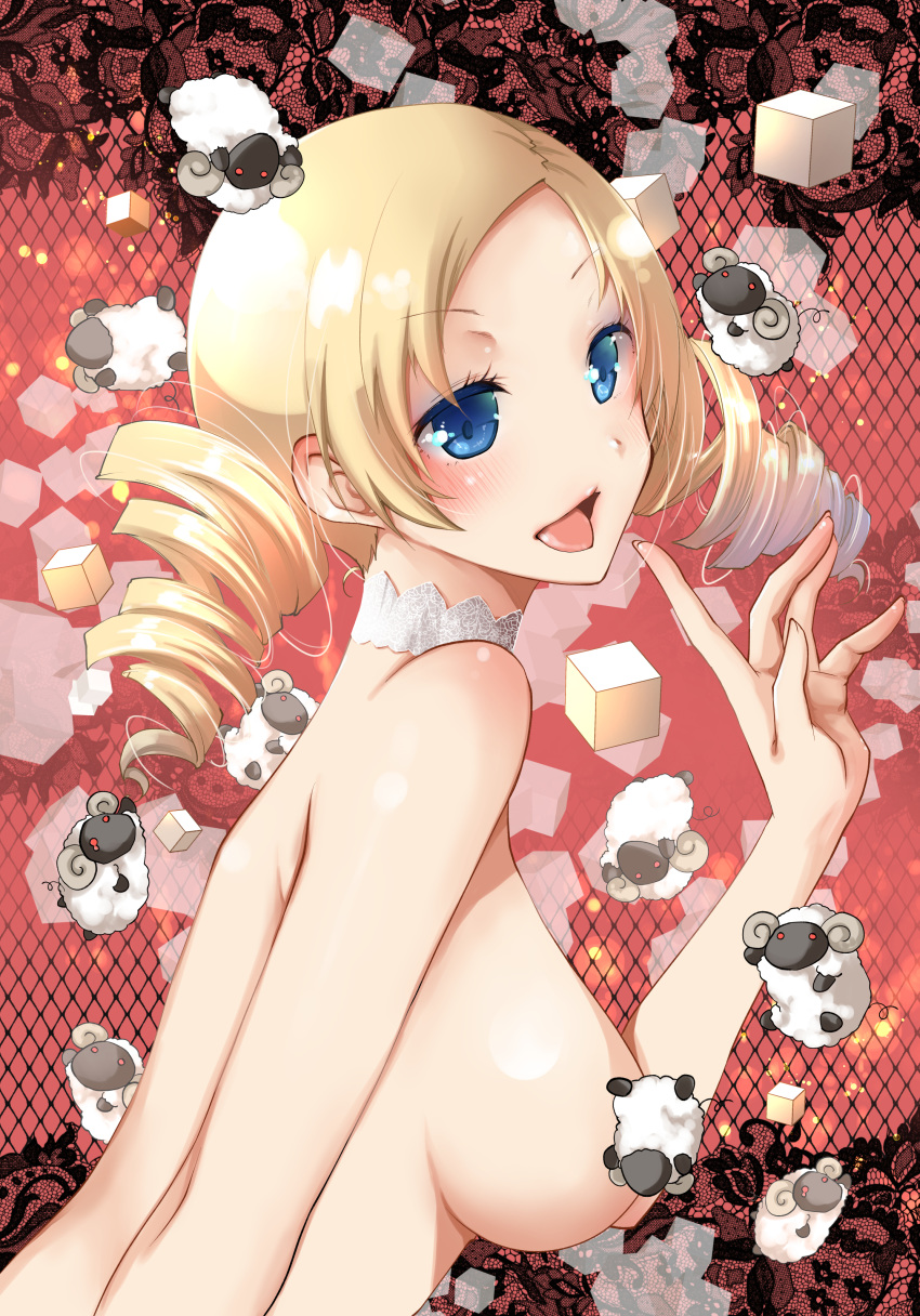1girl absurdres blonde_hair blue_eyes breasts catherine catherine_(game) choker drill_hair highres lipstick makeup nude sheep twin_drills twintails