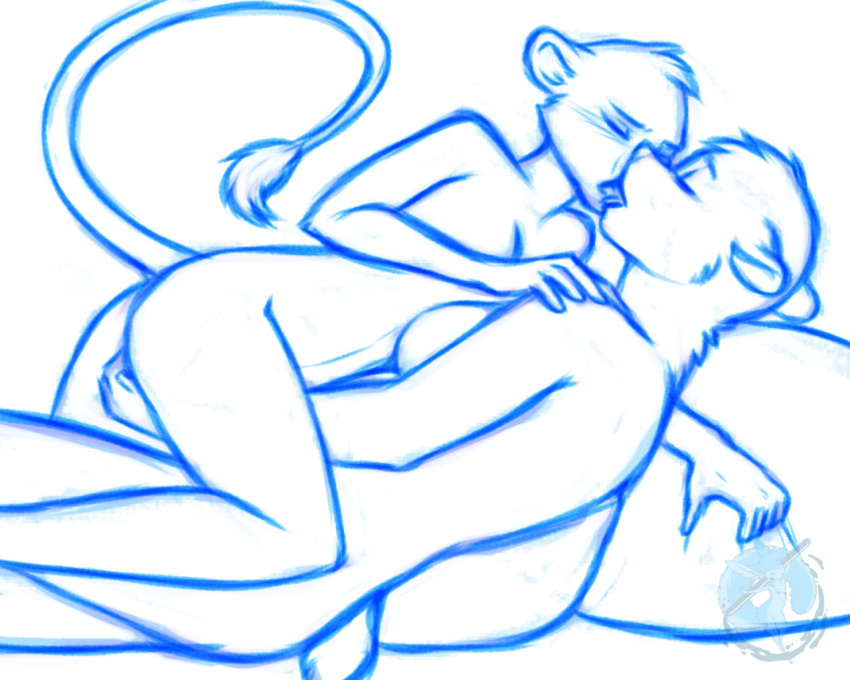 anthro blue_theme breasts duo felid feline female female/female fingering french_kissing kissing lying mammal monochrome nateday nude on_side sketch ursid