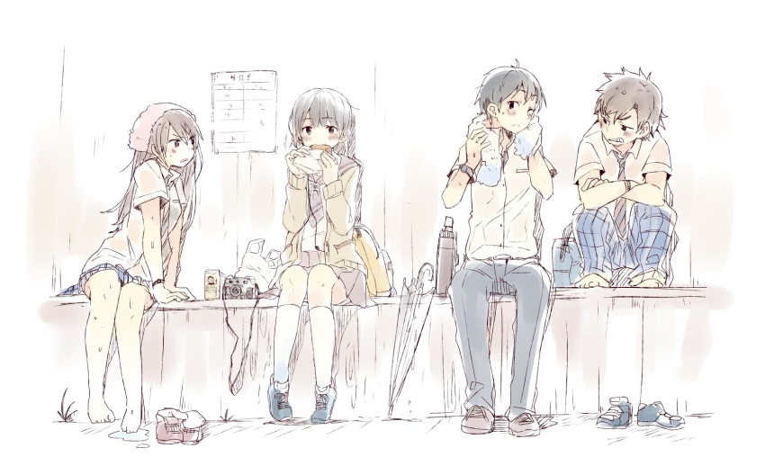 2boys 2girls bag bangs barefoot black_hair black_pants blue_pants blue_skirt blush brown_hair camera cardigan clenched_teeth collared_shirt crossed_arms drying earbuds earphones eating food frown highres holding holding_food knees_up long_hair long_sleeves looking_at_another miniskirt multiple_boys multiple_girls neckerchief necktie original pale_color pants plaid plaid_pants pleated_skirt school_bag school_uniform serafuku shirt shoes_removed shopping_bag short_sleeves single_earphone_removed sitting skirt socks_removed taneda_yuuta teeth thermos towel towel_around_neck towel_on_head umbrella watch wet wet_clothes wet_shirt wristwatch