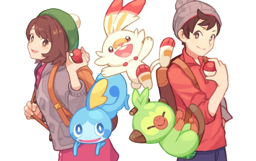 1boy 1girl :d backpack bag beanie blue_eyes blue_pants blush brown_eyes brown_hair brown_headwear cardigan closed_mouth collared_dress creatures_(company) dress eyes_closed female_protagonist_(pokemon_swsh) fingernails game_freak gen_8_pokemon green_headwear grey_cardigan grookey hand_up hat highres holding holding_poke_ball long_sleeves male_protagonist_(pokemon_swsh) nintendo open_mouth pants pink_dress poke_ball poke_ball_(generic) pokemon pokemon_(creature) pokemon_(game) pokemon_swsh red_shirt round_teeth saino scorbunny shirt simple_background smile sobble tam_o'_shanter teeth upper_teeth white_background