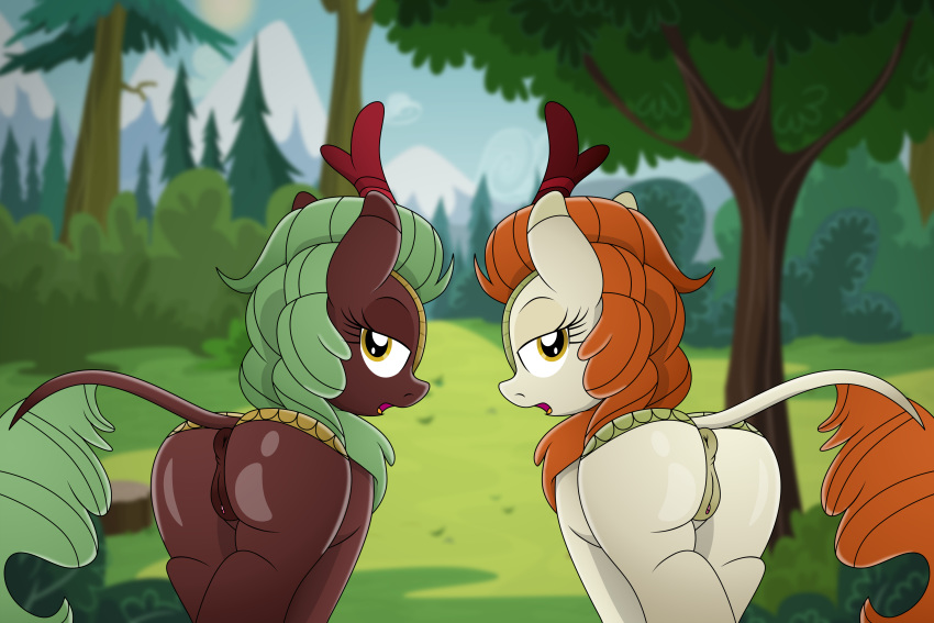 2019 an-tonio autumn_blaze_(mlp) bedroom_eyes butt cinder_glow_(mlp) clitoris duo female feral friendship_is_magic half-closed_eyes hi_res kirin looking_at_viewer looking_back my_little_pony outside pananovich presenting presenting_pussy pussy seductive smile tree