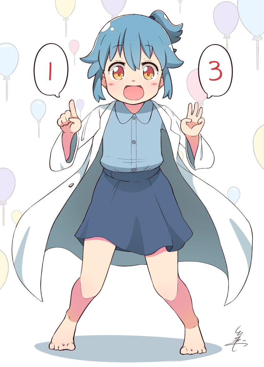 1girl :d absurdres balloon bangs barefoot birthday blue_hair blue_shirt blue_skirt blush_stickers collared_shirt commentary_request full_body highres index_finger_raised labcoat long_sleeves looking_at_viewer open_mouth personification ponytail shirt sidelocks signature skirt smile solo spoken_number standing tsukigi twitter twitter-san twitter-san_(character) yellow_eyes