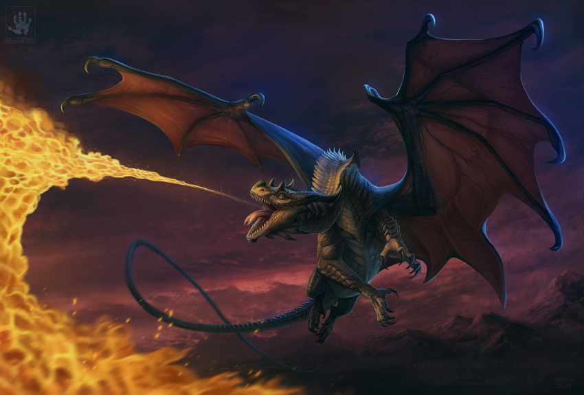 2019 ambiguous_gender claws digital_media_(artwork) dragon dschunai feral fire flying hi_res horn membranous_wings open_mouth scalie solo teeth tongue western_dragon wings