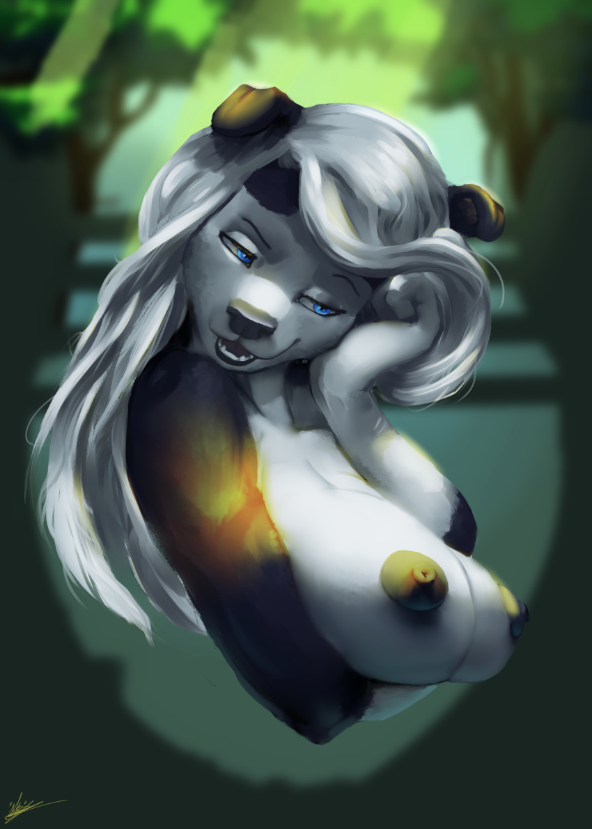 2019 absurd_res anthro big_breasts black_nose blue_eyes border_collie breasts canid canine canis collie digital_media_(artwork) domestic_dog elaine_budderbup female fur hair hi_res kansyr mammal mature_female multicolored_fur nipples open_mouth smile solo tongue two_tone_fur white_fur
