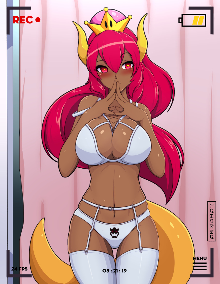 1girl absurdres alternate_hair_color alternate_skin_color blush bowsette bra breasts changing_room cleavage covering_mouth cowboy_shot crown curtain dark_skin garter_straps heart heart-shaped_pupils highres horns large_breasts lingerie long_hair mario_(series) monster_girl navel nintendo panties phone_screen ponytail recording red_eyes red_hair smile solo symbol-shaped_pupils tail thighhighs underwear white_bra white_legwear white_panties