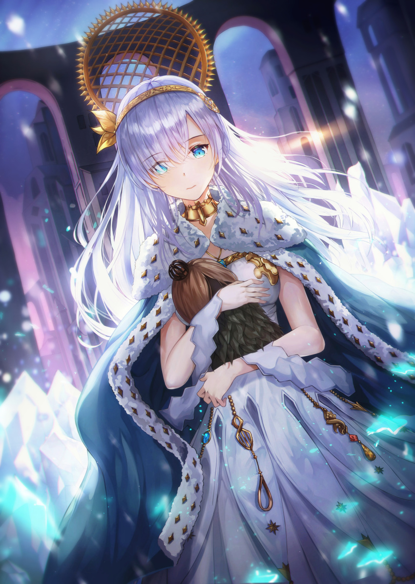 1girl absurdres anastasia_(fate/grand_order) arch blue_cape blue_cloak blue_eyes building cape choker cloak closed_mouth commentary crown doll dress expressionless eyebrows_visible_through_hair fate/grand_order fate_(series) fur_trim gem hair_between_eyes hair_ornament hair_over_one_eye hairband highres holding holding_doll holding_to_chest ice ice_crystal jewelry leaf_hair_ornament long_hair looking_at_viewer mini_crown necklace neiless_neiro night night_sky royal_robe silver_hair sky solo very_long_hair white_dress yellow_hairband