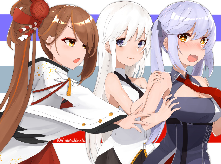 3girls azur_lane bangs bare_shoulders black_neckwear blush breasts brown_hair cleavage closed_mouth collared_shirt enterprise_(azur_lane) essex_(azur_lane) eyebrows_visible_through_hair hair_ornament hands_on_another's_shoulders heart heart_hair_ornament highres himono_hinata japanese_clothes long_hair looking_at_another multicolored multicolored_background multiple_girls necktie open_mouth ponytail purple_eyes purple_hair red_neckwear shirt smile striped striped_background twintails white_hair white_shirt yellow_eyes zuikaku_(azur_lane)