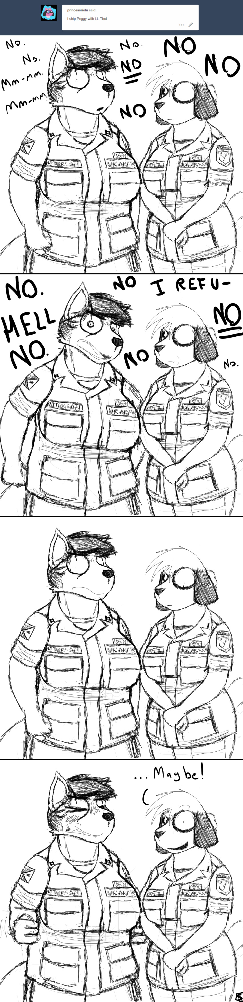 2019 angry army big_breasts breasts canid canine canis clothed clothing comic dialogue domestic_dog embarrassed english_text fox humor mammal military monochrome peggy_patterson samantha_thott savagelyrandom simple_background soldier text uniform