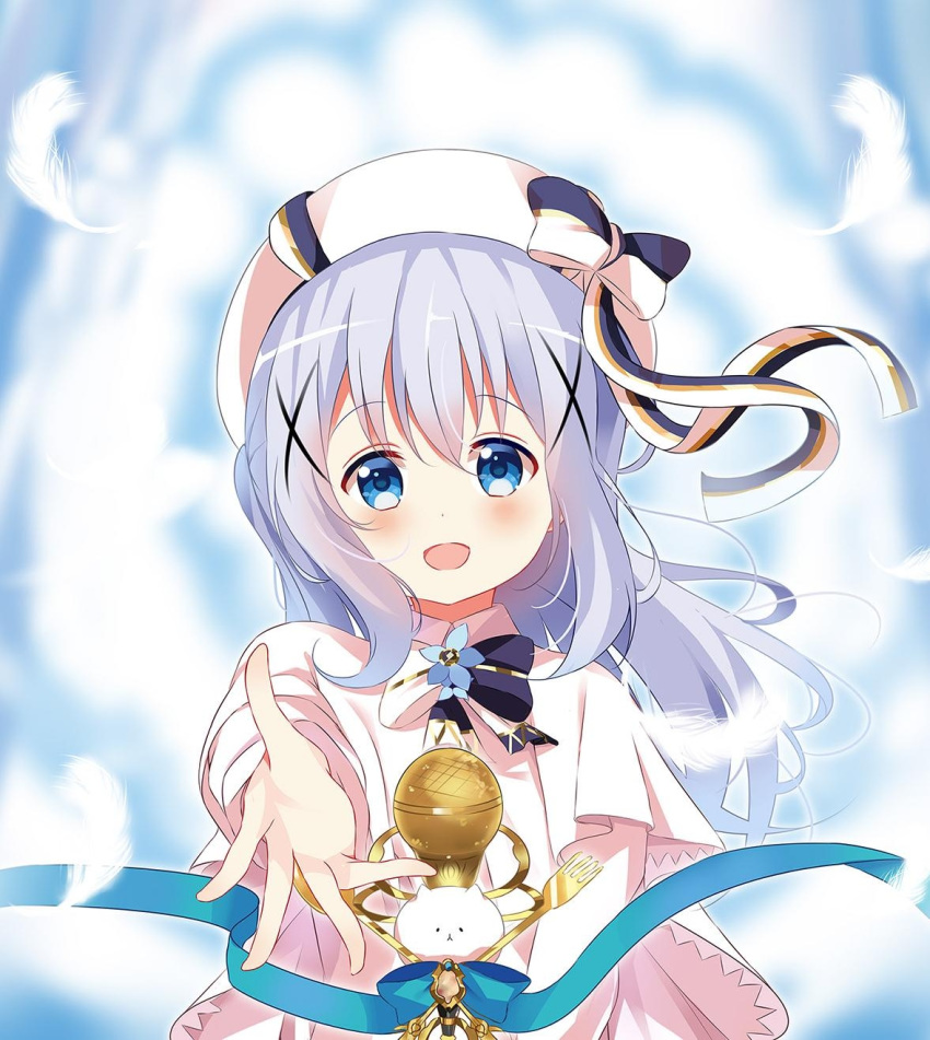 1girl :d bangs beret black_bow blue_eyes blue_flower blue_hair blush bow capelet commentary deyui dress english_commentary eyebrows_visible_through_hair feathers flower gochuumon_wa_usagi_desu_ka? hair_between_eyes hair_ornament hat highres kafuu_chino long_hair long_sleeves microphone open_mouth sidelocks smile solo tippy_(gochiusa) white_bow white_capelet white_dress white_feathers white_headwear x_hair_ornament