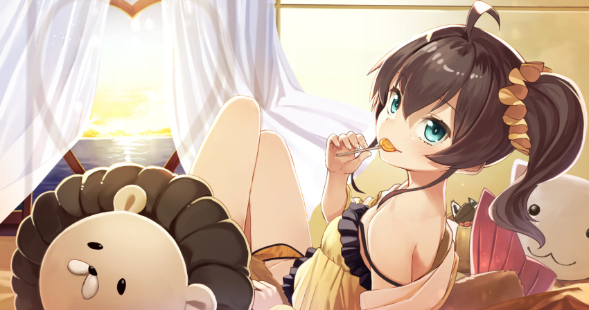 1girl ahoge animal_pillow bed blue_eyes breasts brown_hair candy cloud cloudy_sky commentary_request curtains dawn eating food highres hololive lens_flare lollipop looking_at_viewer natsuiro_matsuri ocean scrunchie short_hair side_ponytail sky small_breasts solo tokumaro virtual_youtuber window