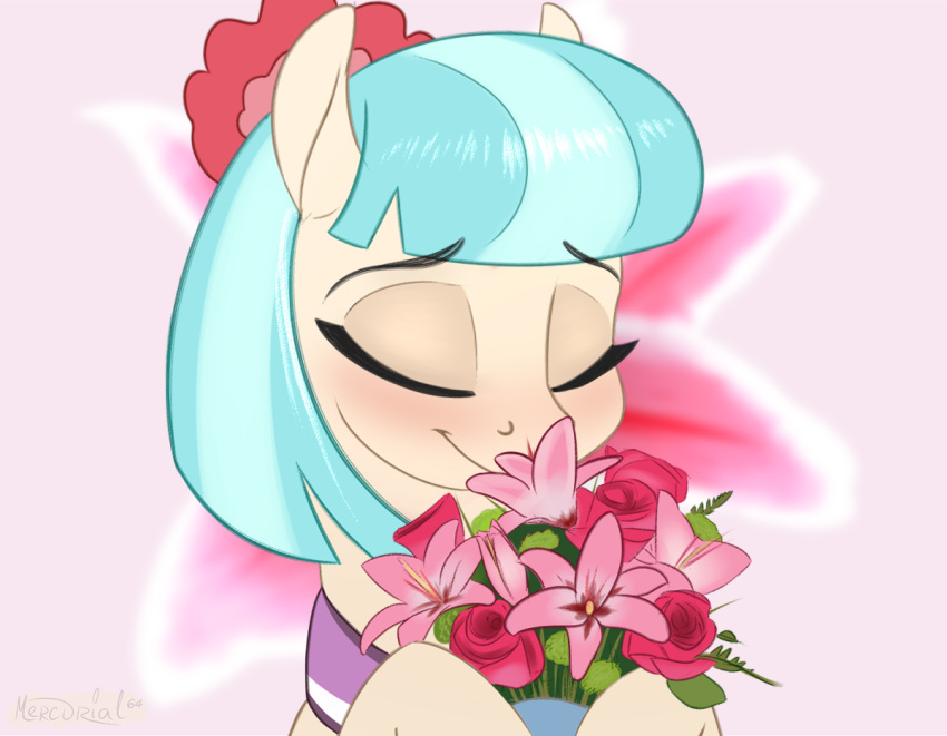 2019 bouquet coco_pommel_(mlp) earth_pony equid equine eyes_closed female feral friendship_is_magic horse mammal mercurial64 my_little_pony pony signature smile solo